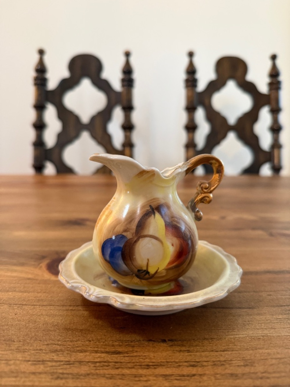 Hand-Painted Ceramic Pitcher with Saucer - Multicolor vintage fruit